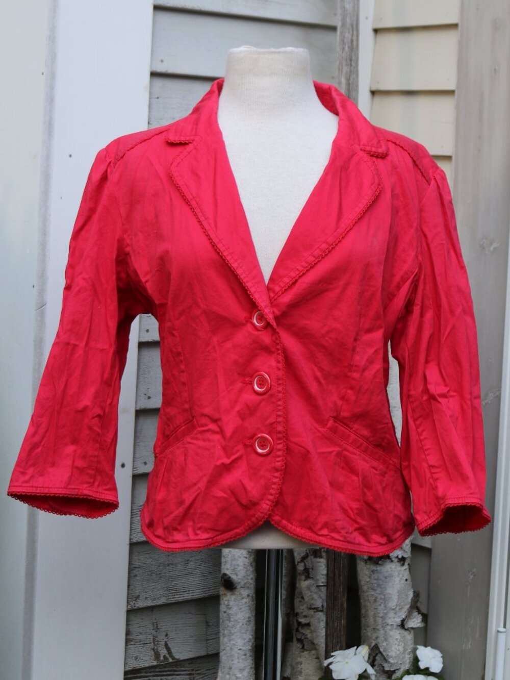 Sonoma Red Cotton Blend Picot Edge Trim Cropped 3 Button Blazer Jacket Sz XL